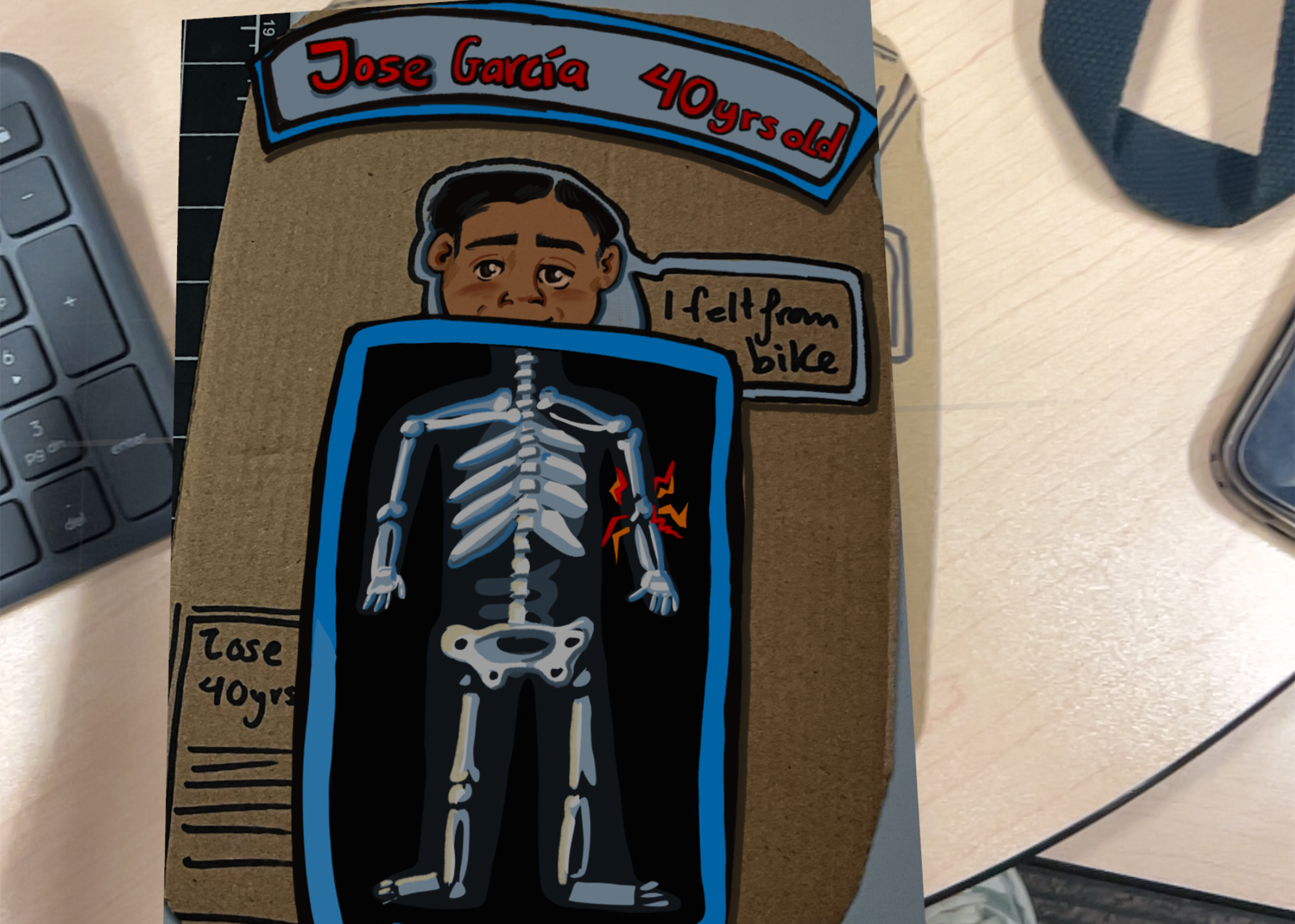 I created basic images with different compositions to test how the AR visuals should appear. The first option does not use an X-ray and instead shows a simple animation. The second option presents a clearer composition for displaying the X-ray, which helps communicate the diagnosis more effectively. I am also considering adding notes in a different way and experimenting with alternative text layouts. I may include secondary images that explain how to treat the condition and provide clear instructions for the player.